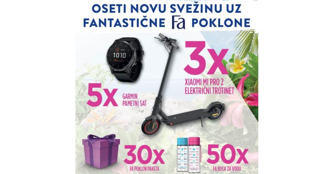 Fa nagradna igra: Fa i Henkel Kreativni konkurs Fa konkurs nagrade: trotinet, Garmin sat, Fa poklon paketa i Fa boca za vodu